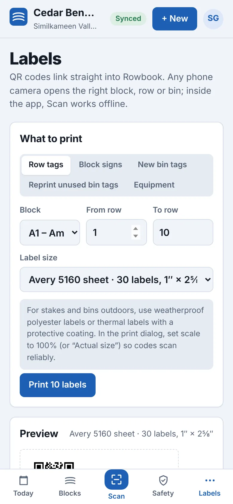 Rowbook label printing: choose row tags, block signs or bin tags and print them on Avery label sheets.