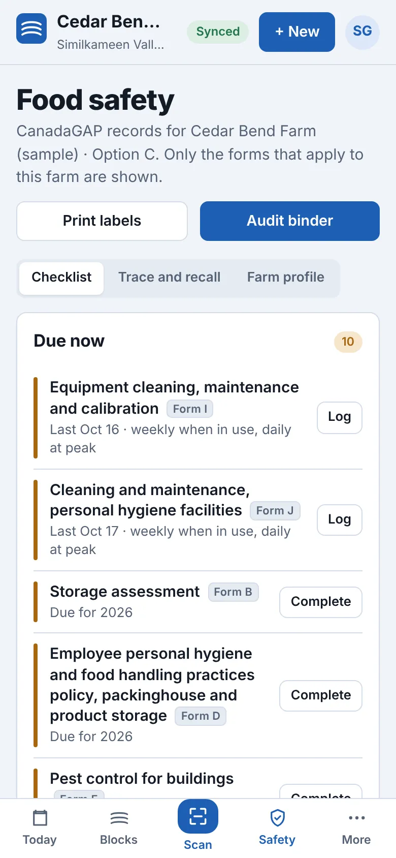 Rowbook food safety checklist showing CanadaGAP forms that are due, with Log and Complete buttons.