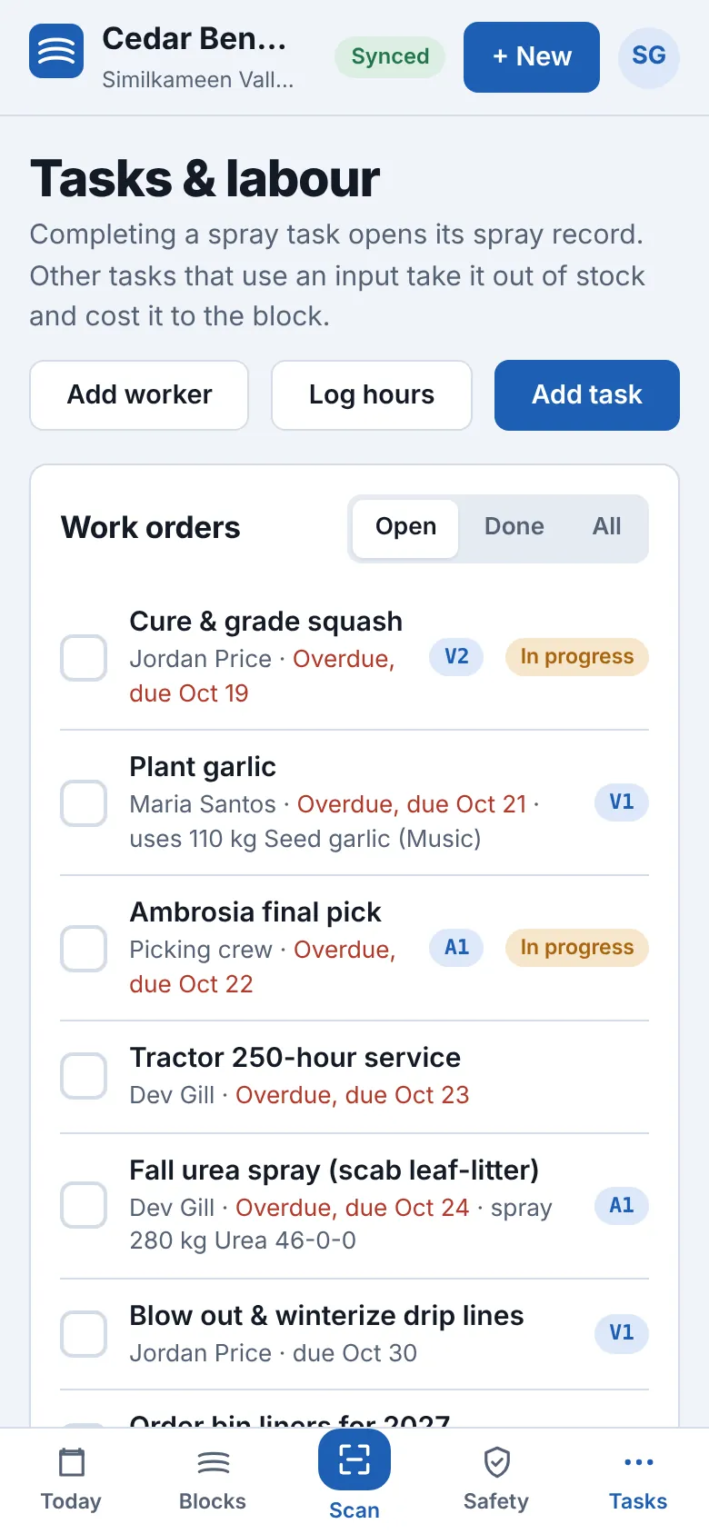 Rowbook work orders listing tasks with who is assigned, due dates and the block each task is for.